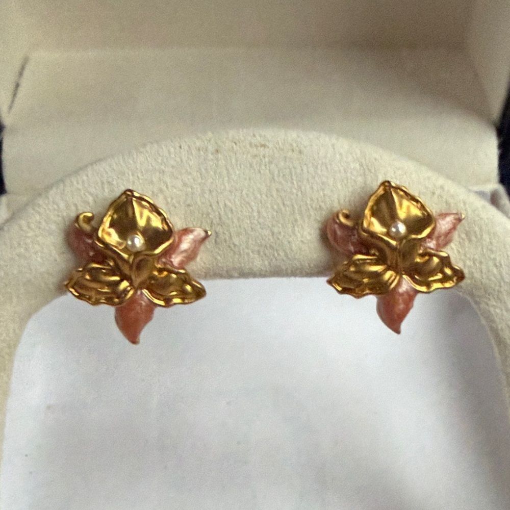 Vintage Gold and Pink Orchid Pierced Earrings
